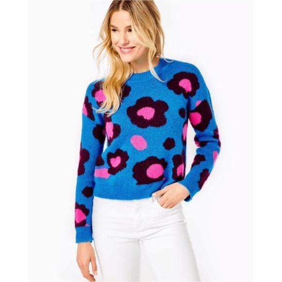 Lilly Pulitzer Ferrara Sweater Blue Flare Growl and Prowl Jacquard Print Size XS - Picture 4 of 16